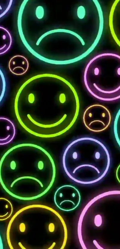 Vibrant neon smiley faces on a dark background, perfect for a lively phone display.