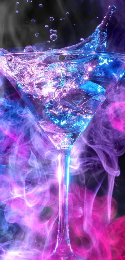 Neon martini glass with vibrant smoke effects.