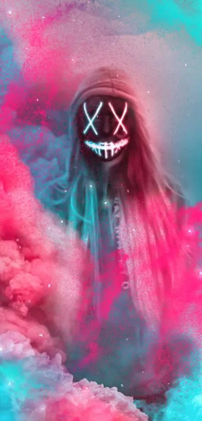 Mysterious figure with neon mask in vibrant pink and blue smoke.