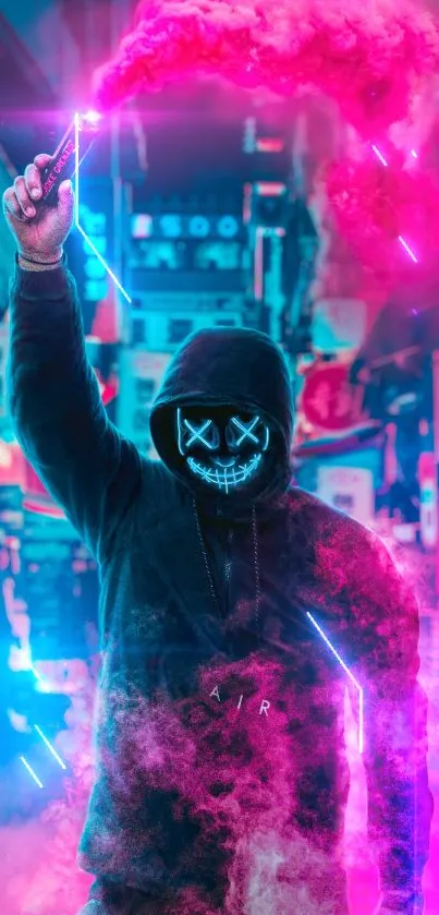 Masked figure with neon smoke in urban scene background.