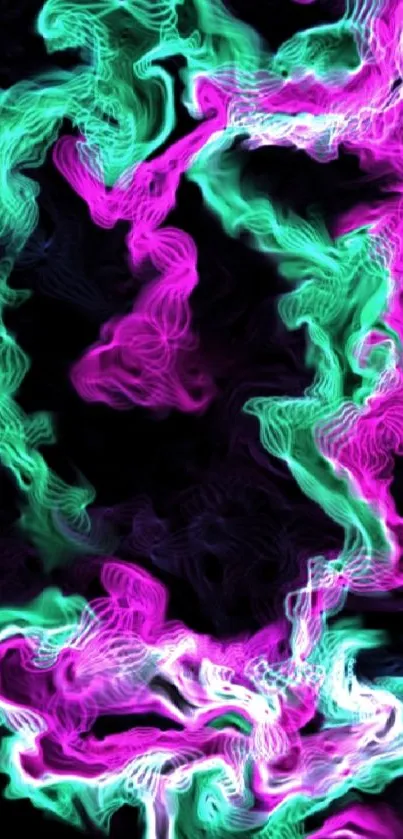 Neon smoke wallpaper with green and purple swirls on a black background.