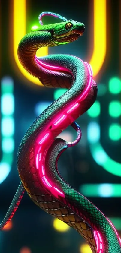 Neon snake with glowing lights on a futuristic background.