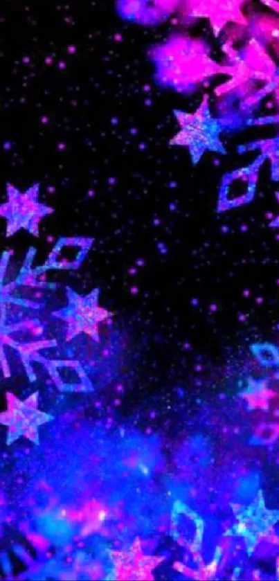 Vibrant neon snowflake design with a galaxy background.