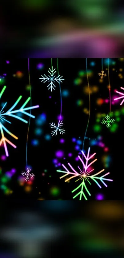 Vibrant neon snowflakes glowing on a dark background.