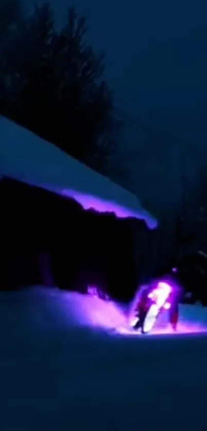 Snowboarder with neon lights on a snowy dark night landscape.