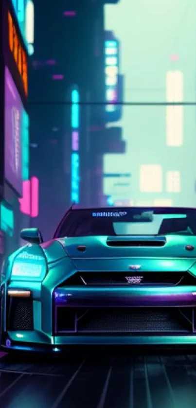 Futuristic car in neon-lit city street, vivid and vibrant design.
