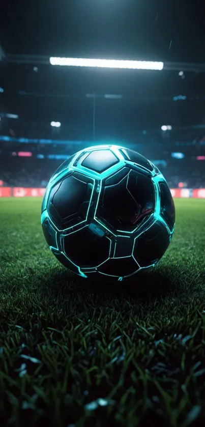 Neon-lit soccer ball on grass field in a stadium.