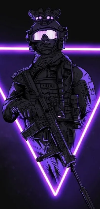 Futuristic neon soldier with purple triangle design.