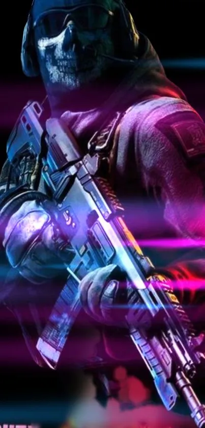 Vibrant neon soldier with weapon in futuristic design.