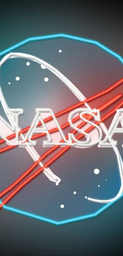 Neon NASA logo with glowing red and blue hues against a dark backdrop.