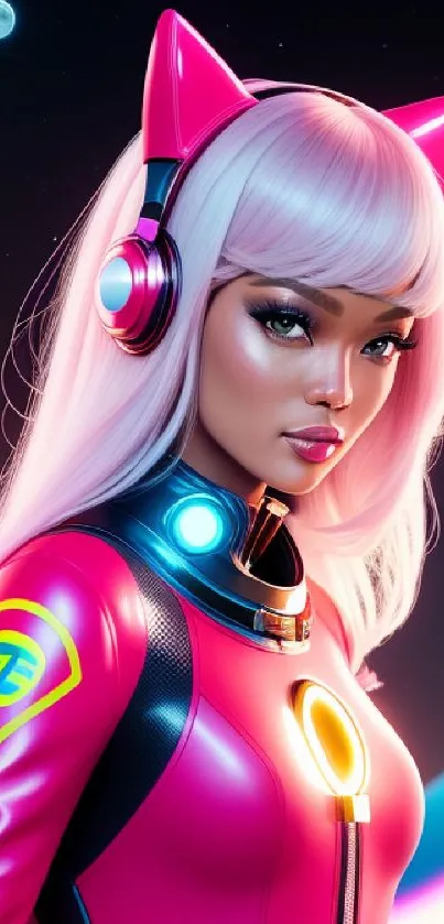 Neon space cat girl with headphones and futuristic attire.