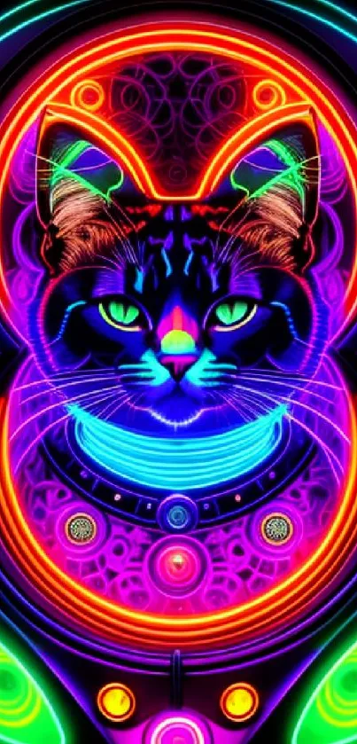 Neon space cat wallpaper with vibrant colors and futuristic design.