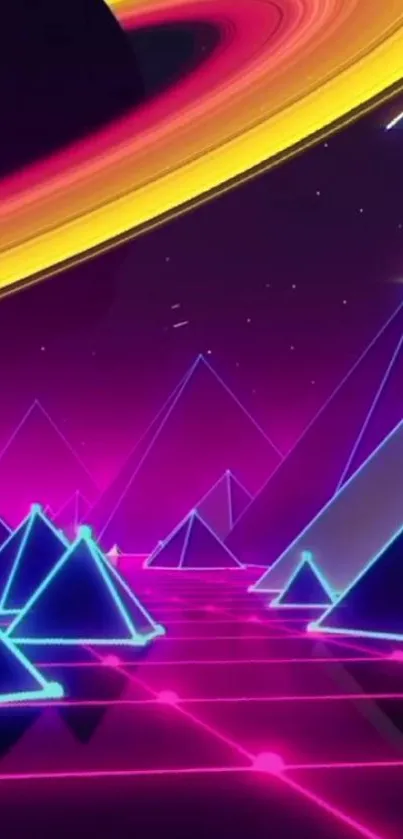 Vibrant neon pyramids with cosmic rings, purple and blue hues.