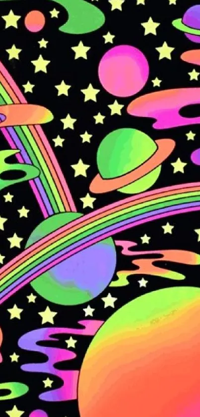 Neon space wallpaper with planets, stars, and rainbow.