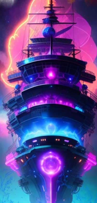 Futuristic neon spaceship in cosmic space.