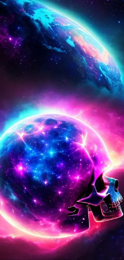 Neon skull in cosmic space with vibrant pink and blue hues.