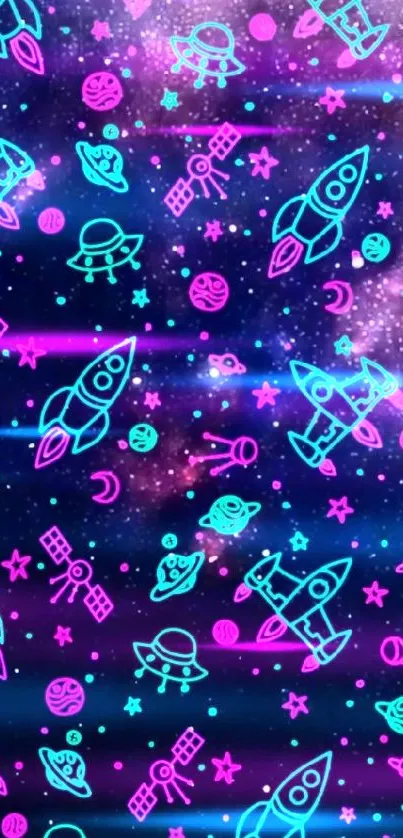 Neon space mobile wallpaper with rockets and planets on a galaxy background.