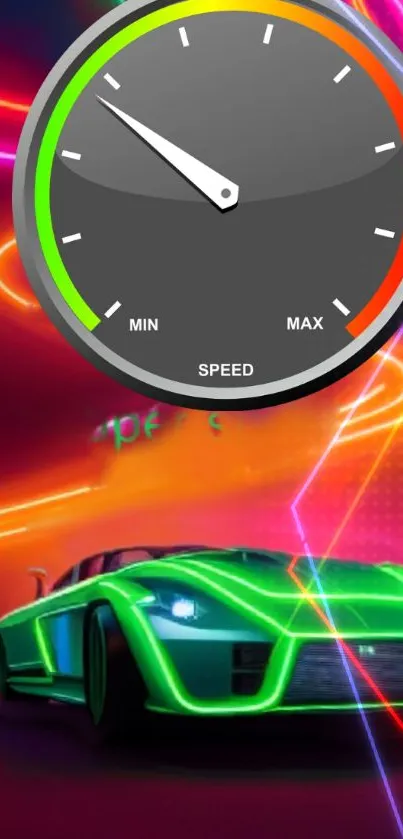 Neon green sports car with speedometer on vibrant background.