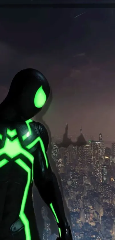 Neon-clad superhero overlooking cityscape at night.