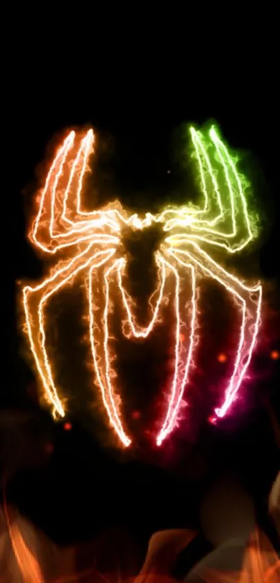 Neon spider design with fiery effects on a black background.