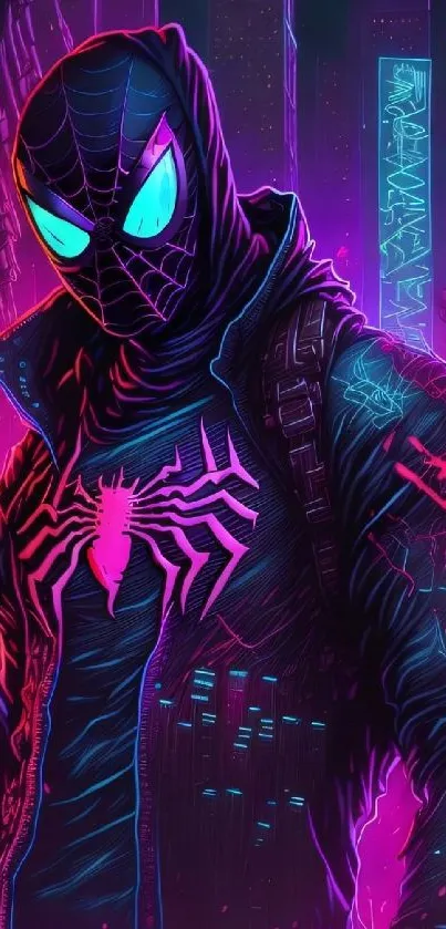 Neon Spider-Man graphic on a city backdrop.