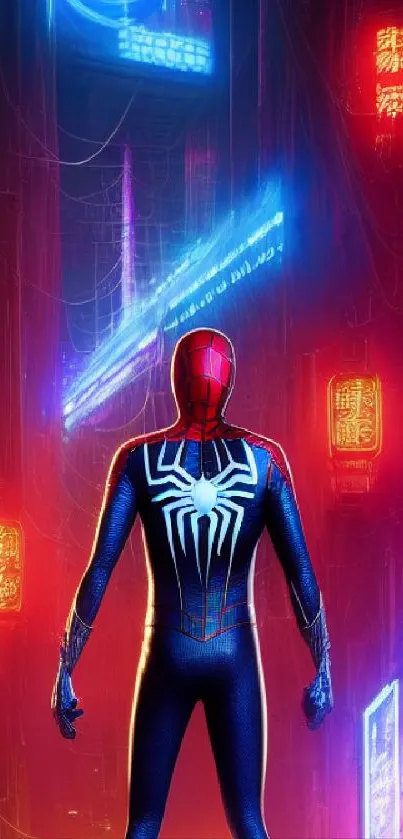 Superhero stands in neon-lit city, vibrant and dynamic scene.