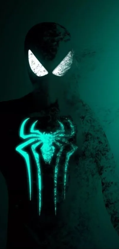 Dark hero silhouette with neon spider emblem on teal background.