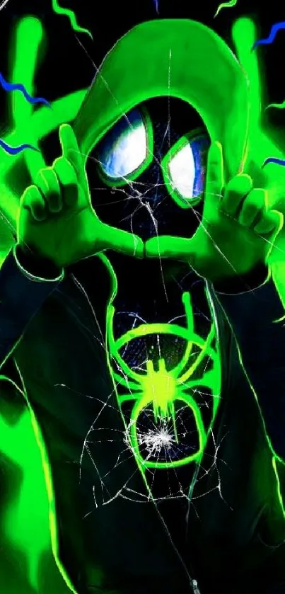 Neon green spider hero in dynamic pose wallpaper.