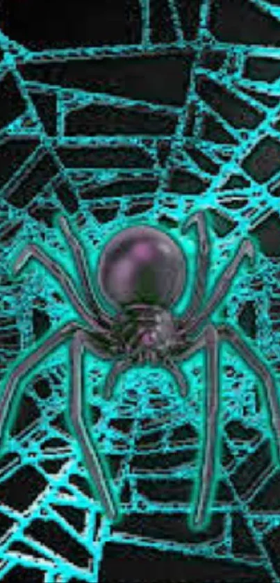 Neon spider on a web with turquoise glow wallpaper.