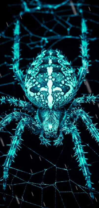 Neon spider resting on an intricate web, glowing in blue hues.