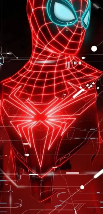 Futuristic neon spider suit with glowing red design on a dark background.