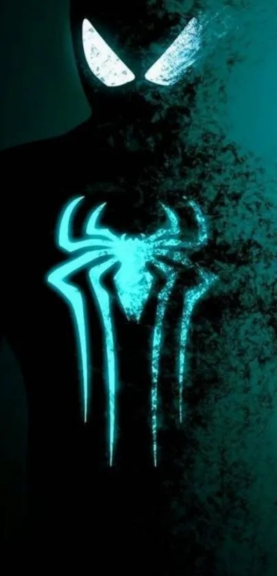 Neon silhouette with glowing spider emblem on turquoise background.