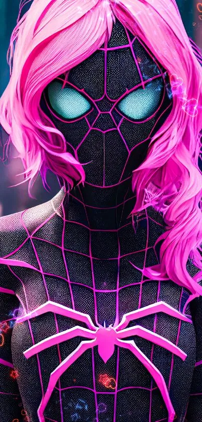 Neon pink spider-themed mobile wallpaper with glowing eyes.