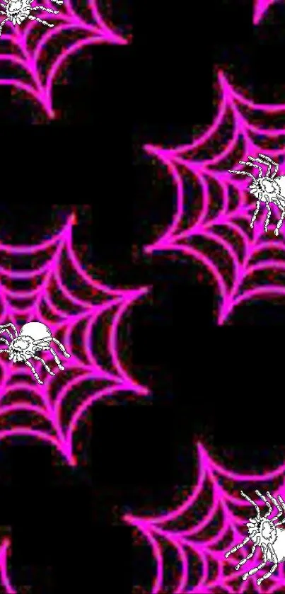 Neon pink spider web wallpaper on a black background.