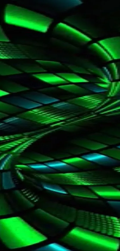 Neon green and blue spiral abstract wallpaper with geometric patterns.