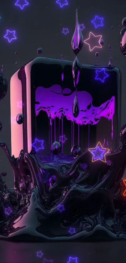 Neon art wallpaper with vibrant stars and a dark fluid design in purple and pink hues.