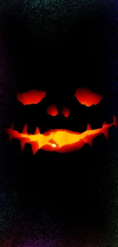 Spooky neon pumpkin face with vibrant colors.