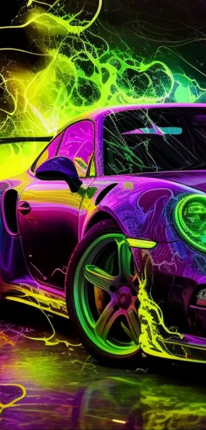 Neon green sports car with vibrant colors and dynamic lines on a mobile wallpaper.