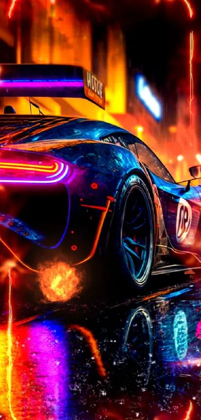 Futuristic sports car with neon lights in a rainy cityscape.