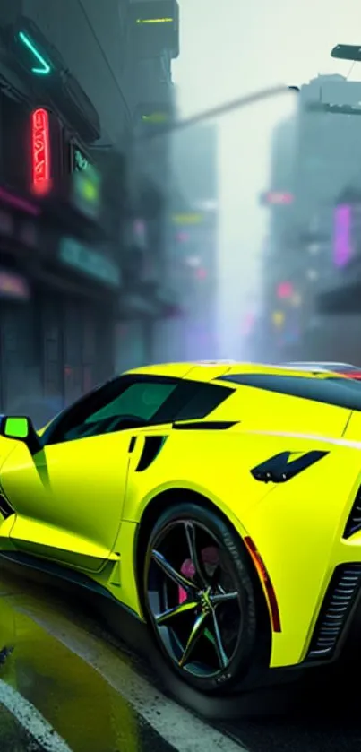 Sleek neon yellow sports car in a futuristic cityscape at night.