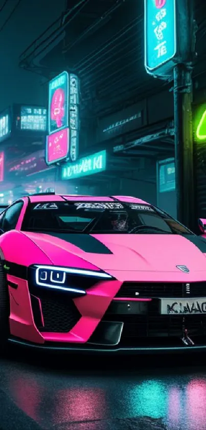 Neon pink sports car under vibrant city lights.