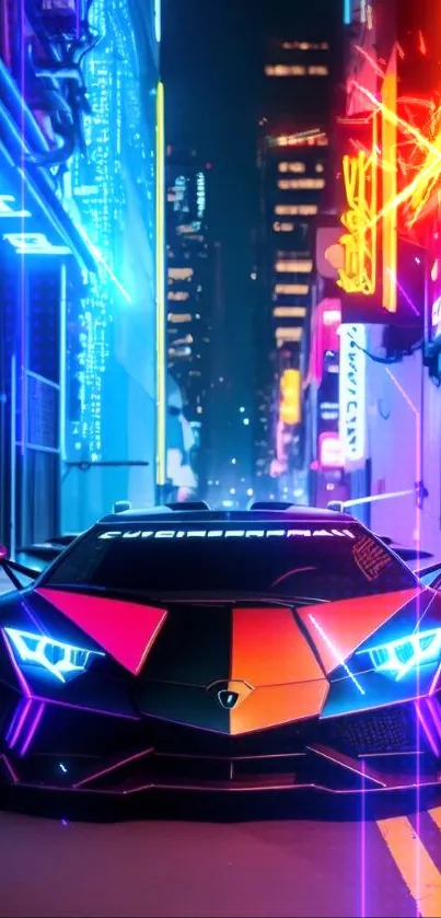 Neon sports car in a vibrant cityscape at night.