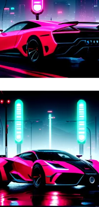 Neon sports car in a cyberpunk cityscape at night.