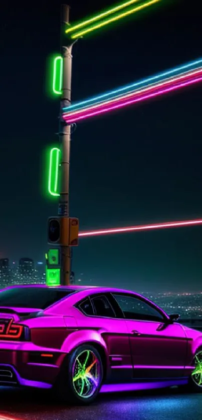 Futuristic neon city with sports car and glowing lights.
