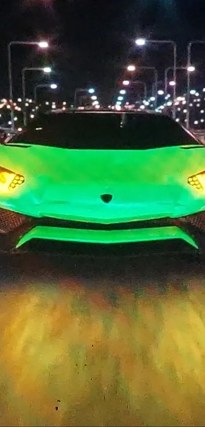 Neon green sports car driving at night in the city.