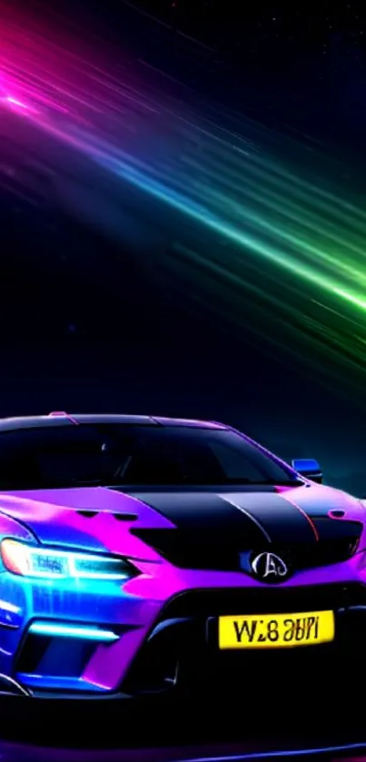Neon-lit sports car with vibrant lights against a dark night sky.
