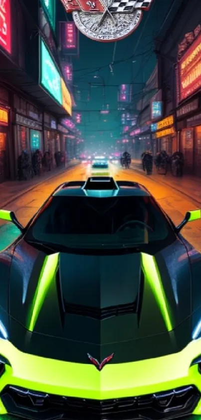 Neon sports car in vibrant urban street at night.