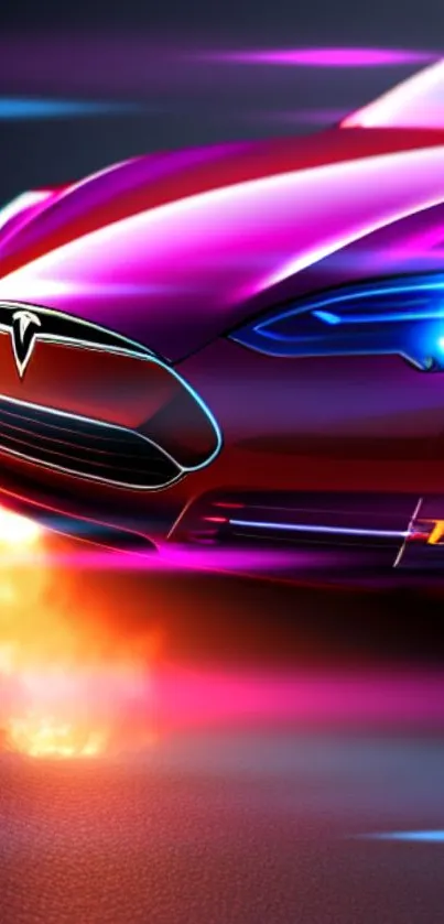Neon sports car with fiery exhaust in vivid colors.