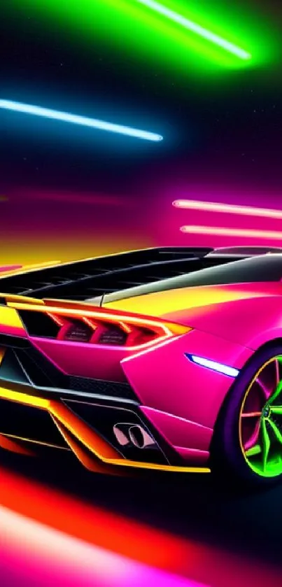 Vibrant neon pink sports car with dynamic lighting.