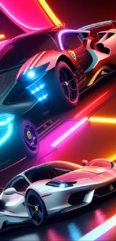 Neon sports cars in futuristic digital art design.